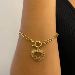 PULSEIRA CORRENTE CARTIER FECHO BOIA E PINGENTE CORAÇÃO CRAVEJADO