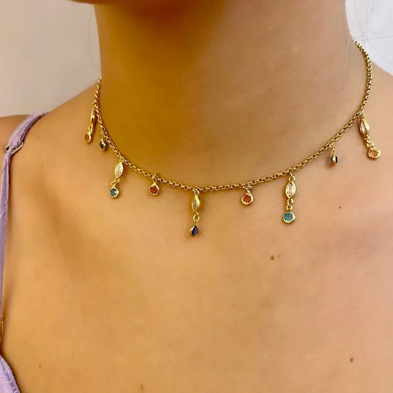 CHOKER CORRENTE ELO PORTUGUÊS ZIRCÔNIAS COLORIDAS