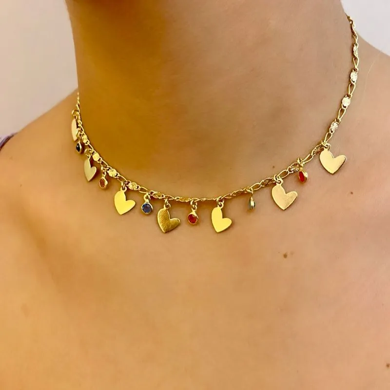 CHOKER CHAPAS DE CORAÇÃO LISO COM ZIRCONIAS COLORS