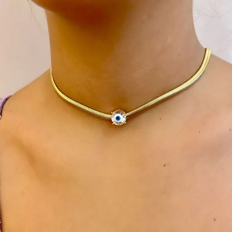 CHOKER CORRENTE FIO ALEMÃO E OLHO GREGO NA PEDRA