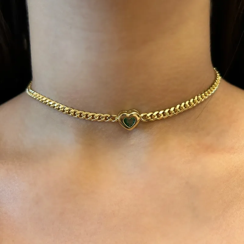 CHOKER CORRENTE ELOS PEDRA CORAÇÃO COM ARO