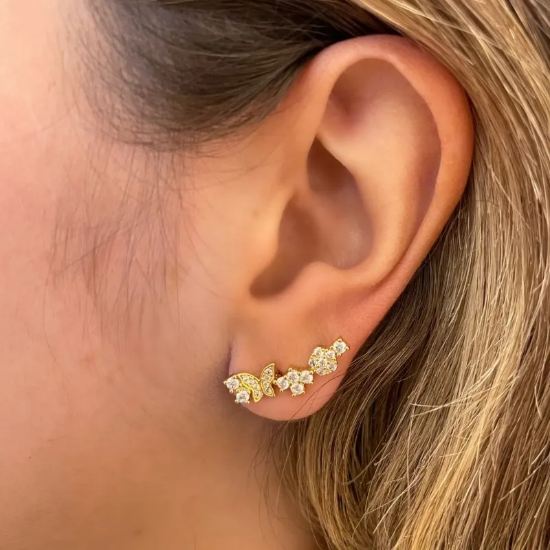 BRINCO EAR CUFF BORBOLETAS E FLORES CRISTAIS