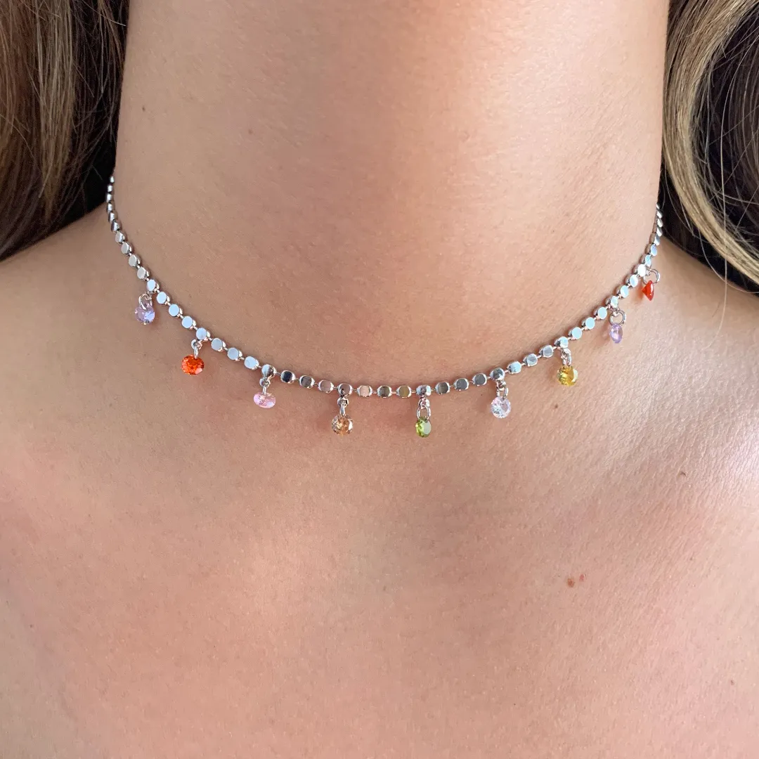 CHOKER BOLINHA LAMINADA COM CRISTAIS PENDURADOS