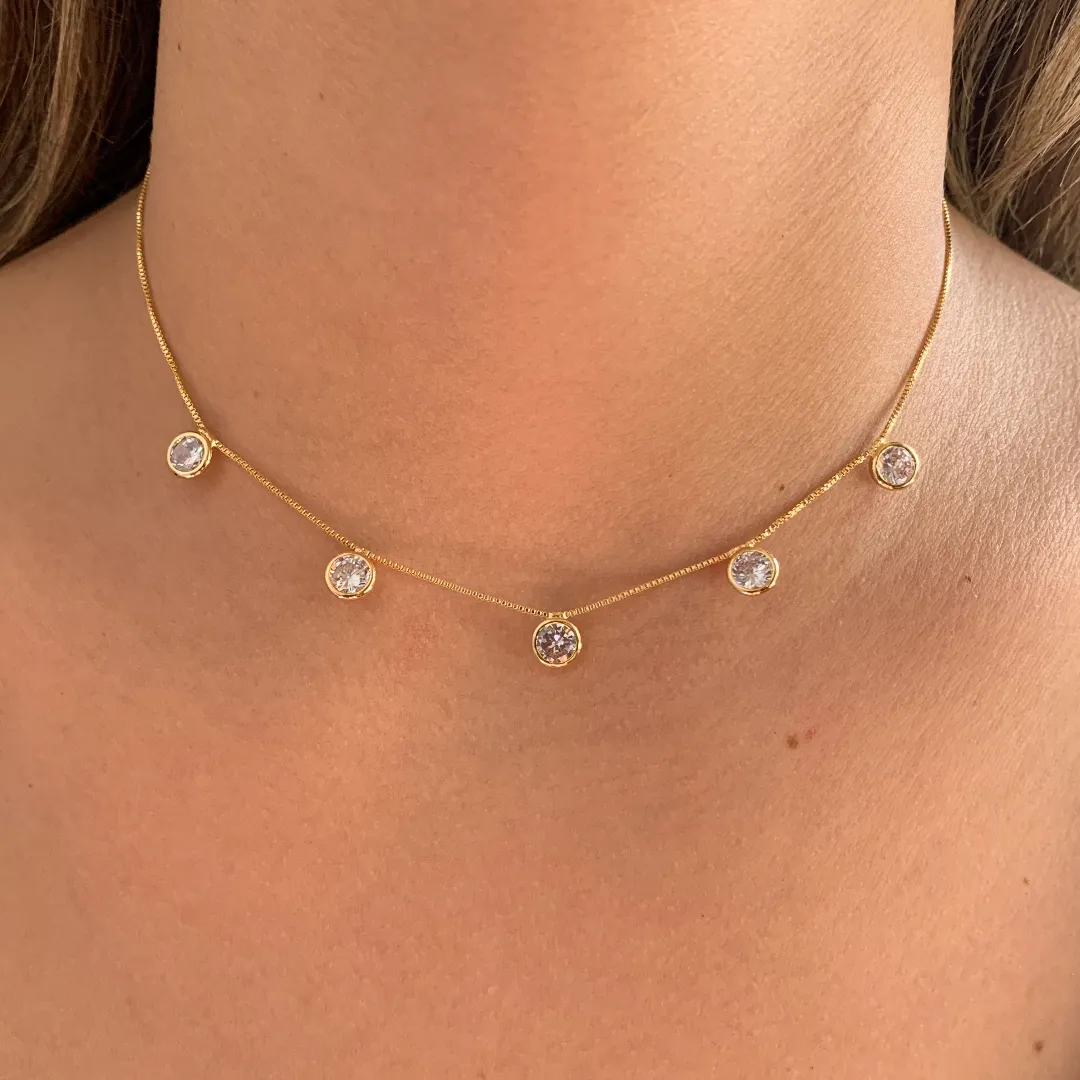 CHOKER CORRENTE VENEZIANA E ZIRCÔNIAS REDONDAS PENDURADAS