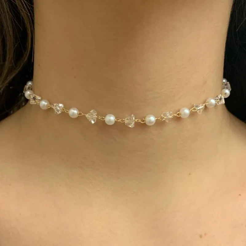 CHOKER PÉROLAS E CRISTAIS