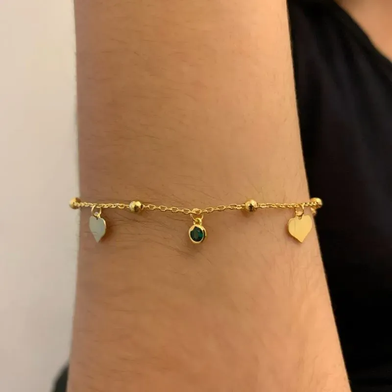 PULSEIRA BOLINHAS  PINGENTES CORAÇÕES E ZIRCÔNIAS