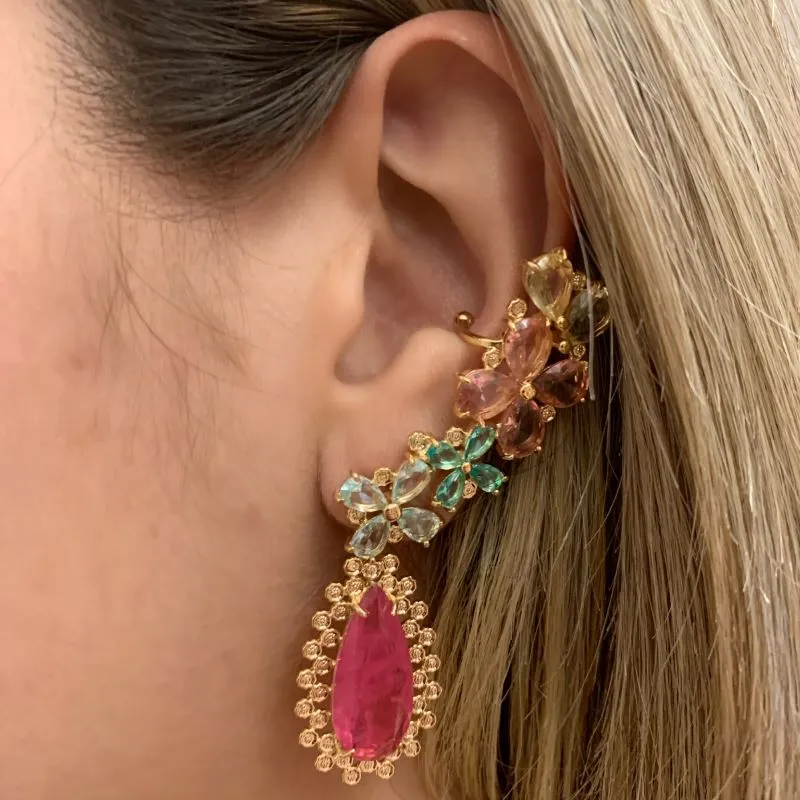 BRINCO EAR CUFF FLORES E GOTA PENDURADA